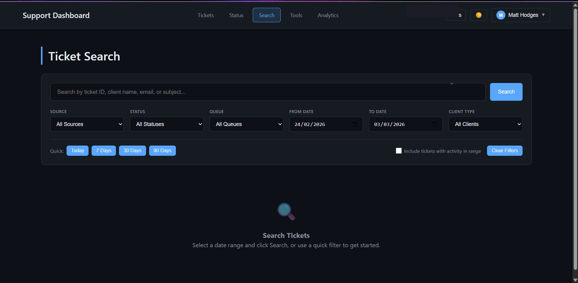 Ticket search with date filters